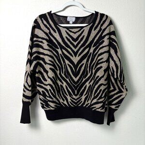 Pure Collection Sweater Size 12 Black Gold Animal Print Pullover Wool Metallic